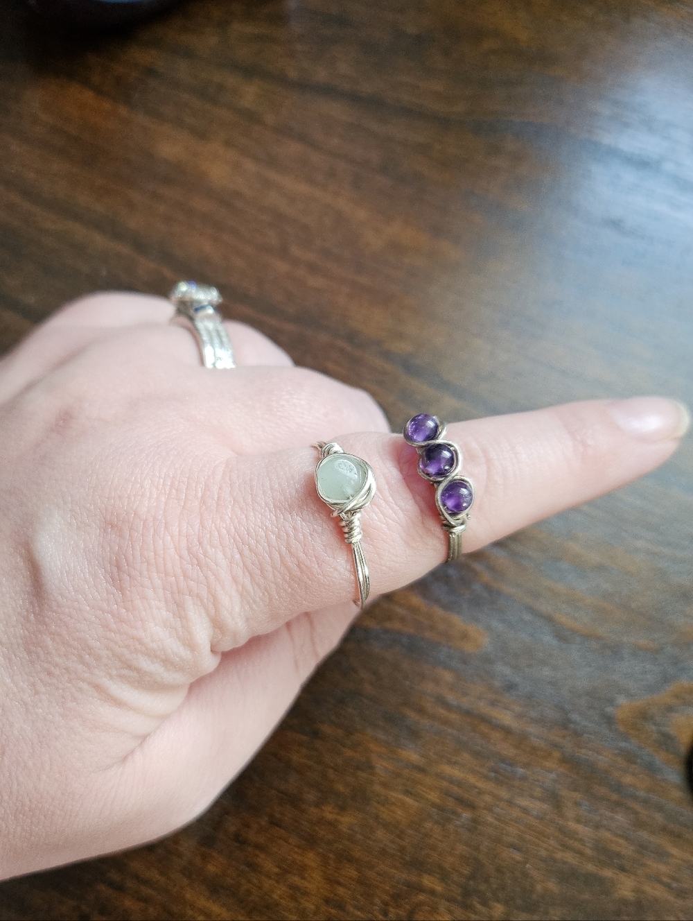 Sterling Silver Amethyst Trio Ring - Purple And Wire Twist Ring